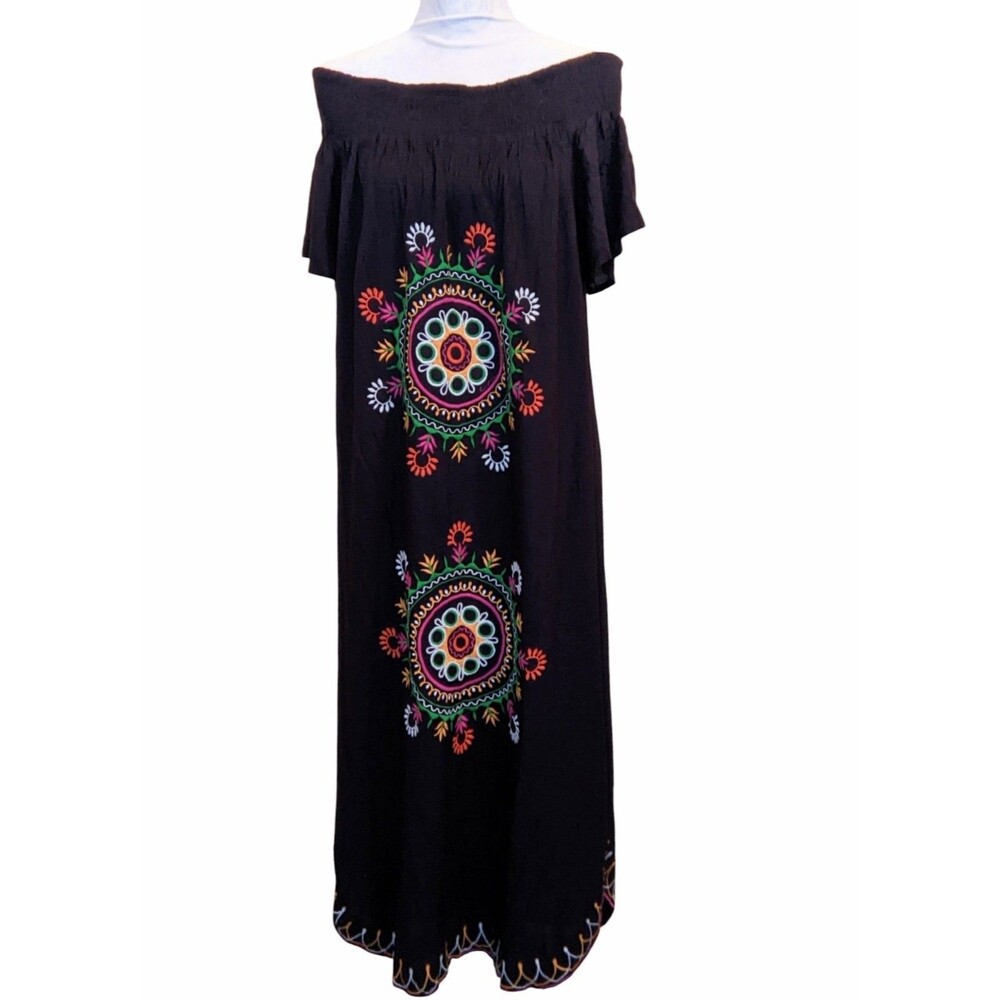 MUDPIE Maxi Off Shoulder Embroidery Coverup Resort Lounge Large